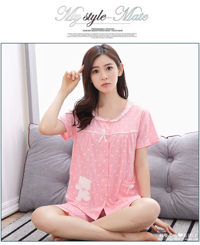 Đồ ngủ của phụ nữ mùa hè ngắn tay cotton cổ tròn cài khuy áo cardigan len móc quần ngọt ngào và mỏng phù hợp với dịch vụ ở nhà của phụ nữ - Cặp đôi