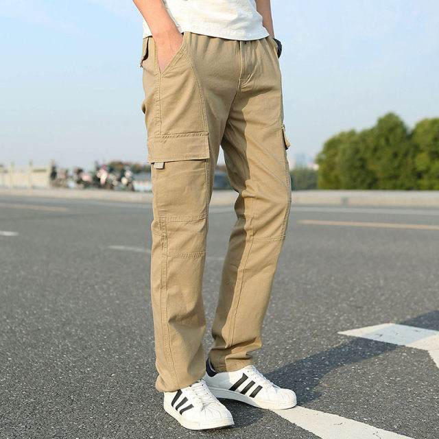 Playboy's new spring style pure cotton loose men's casual pants work pants elastic waist multi-pocket cargo pants for men