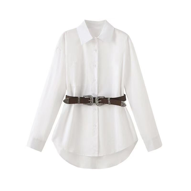 Zhao Lusi's Same Style White Irregular Lapel Shirt Dress with Belt, Spicy Design Long-Sleeve Shirt for Women