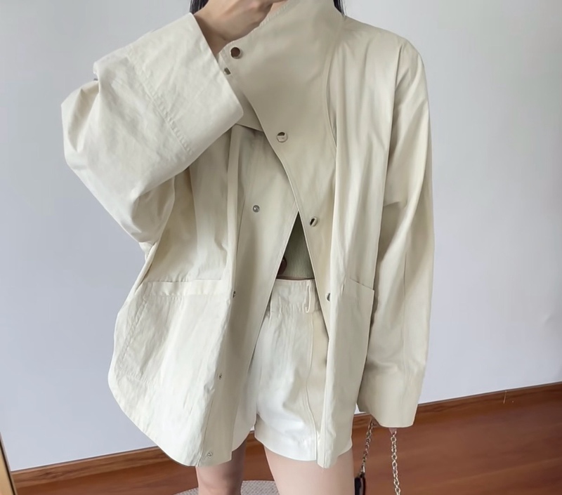 26 Summer Spring Nordic Designer Oyster-Colored Simple and Elegant Stand-Up Collar Silhouette Parachute-Style Trench Coat Jacket for Women