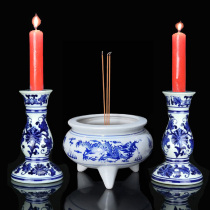 Jingdezhen ceramic blue and white porcelain candle holder set Chinese style porcelain ornaments three-legged incense burner classical antique