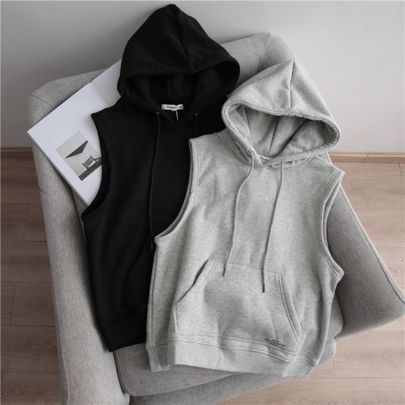 Fleece-Lined Vest Jacket for Women with Letter Print, Spring Pocket Loose-Fitting Sleeveless Thickened Hooded Sweatshirt for Spring and Autumn