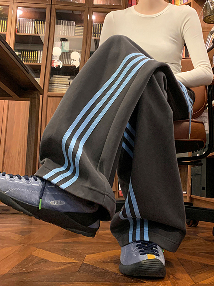 Tangshi Group Desso Three-Stripe Sports Sweatpants for Women, New Autumn and Winter Wide-Leg Pants, Loose Straight-Leg Casual Long Pants