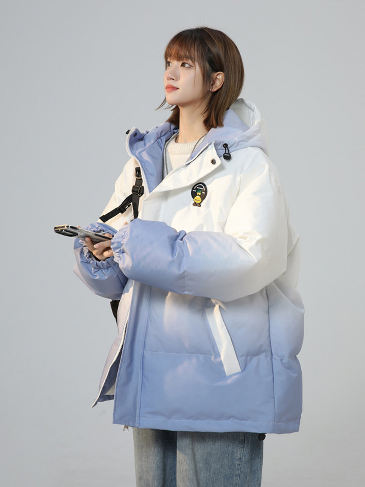 Tangshi Group Desso Winter Warm down Cotton Coat for Women, Thickened Hooded Cotton Jacket, Gradient Color Outerwear Top