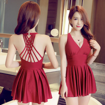 New solid color one-piece dress flat angle large size sexy swimsuit women belly thin conservative hot spring beach swimsuit