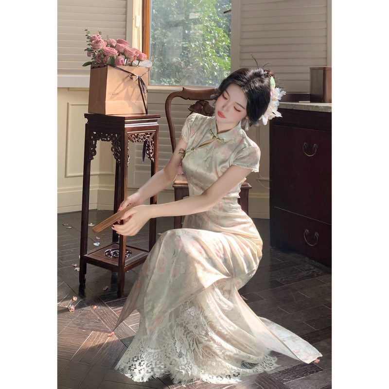 Blovelan Qingyuan Fendai, a Gentle and Elegant Jacquard Floral Cheongsam with a Chinese Style, Waist-Cinching and Slimming Effect, New Chinese-Style Long Dress