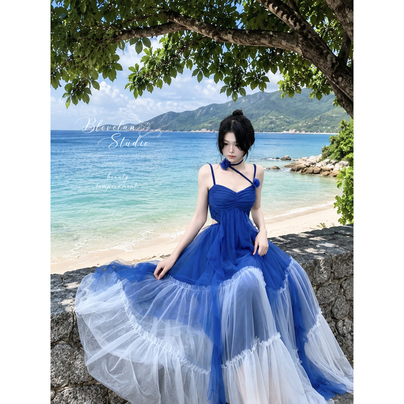 Blovelan End of the Stars Klein Blue Gradient Contrast Color Mesh Backless Pure Desire Strap Dress for Vacation