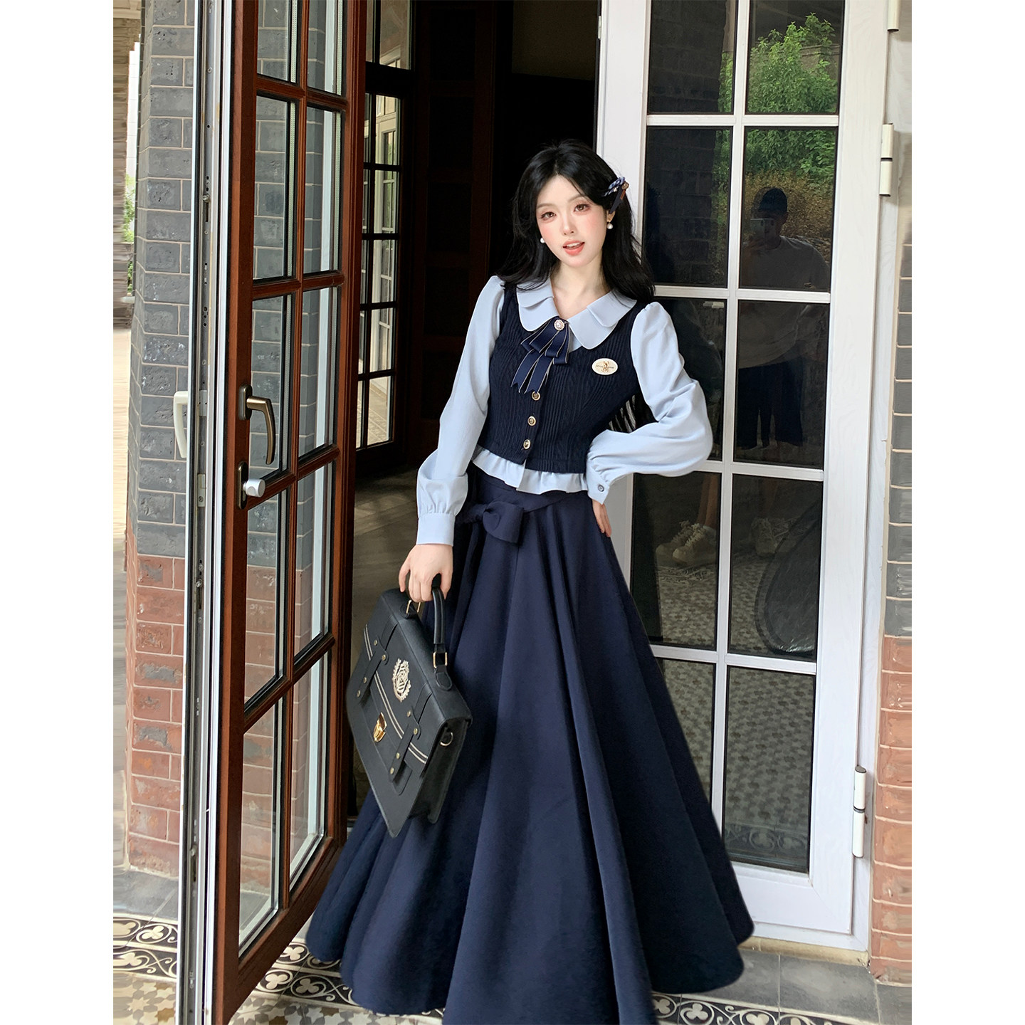 Blovelan维斯塔见习生 学院风减龄假两件针织上衣+伞裙半身裙套装