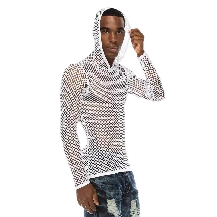Large Mesh Holes, Breathable, Sexy, Home Wear, Youth Sports, Trendy Men's Life-Style Hooded Base Layer T-Shirt