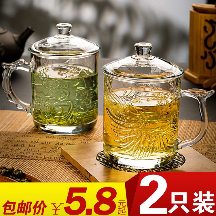 Blue apple transparent glass teacup household with lid cup with cup office cup of men and women with heat-resistant tea cup