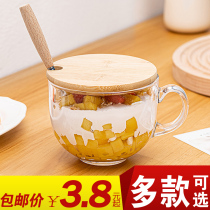 Green Apple large capacity tempered glass water cup milk breakfast cup with lid spoon large belly cup oatmeal Cup