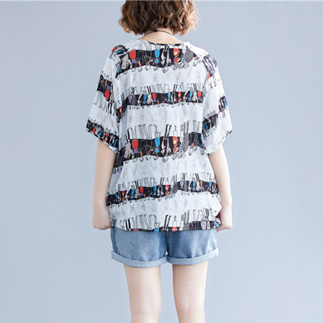 Cartoon short-sleeved T-shirt summer new loose large size cotton round neck all-match casual printed short-sleeved tops for women