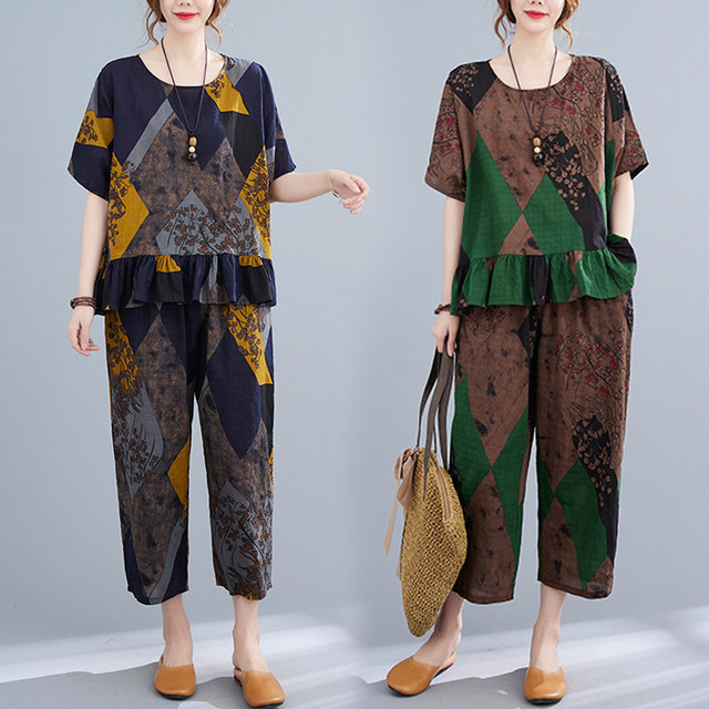 Linen linen printed two-piece short-sleeved round neck ruffled stitching T-shirt elastic waist harem pants fashion suit