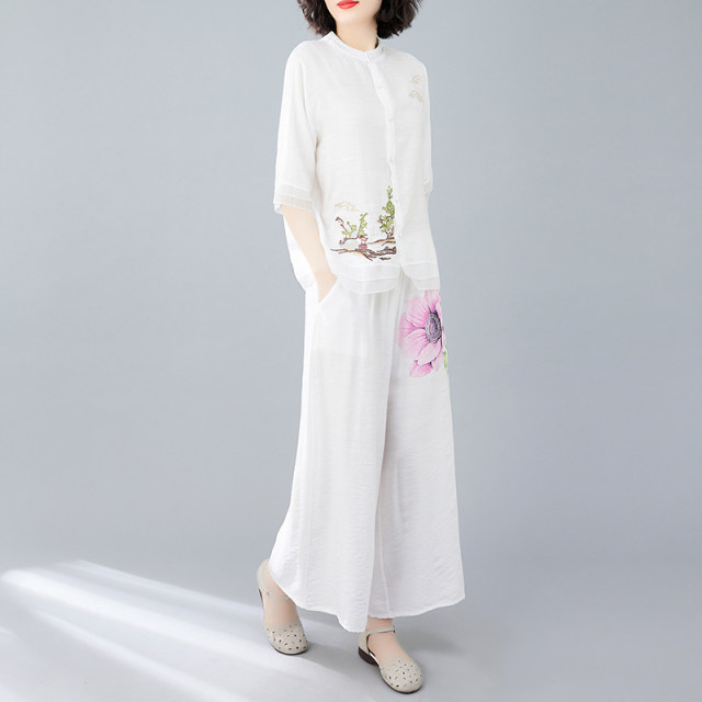 Large size ethnic style cotton and linen embroidery Zen half-sleeved shirt fashion suit casual printed wide-leg pants two-piece summer