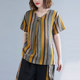 Cotton and linen striped two-piece short-sleeved V-neck buckle pleated T-shirt elastic waist harem pants linen fashion suit for women