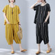 Striped Fashion Suit Round Neck Irregular T-Shirt Elastic Waist Cropped Harem Pants Large Size Women's Two-piece Summer