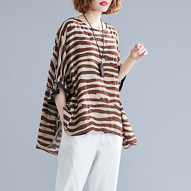 Cotton ruffled A version T-shirt summer 2021 new literary and artistic large size loose and versatile casual striped thin top