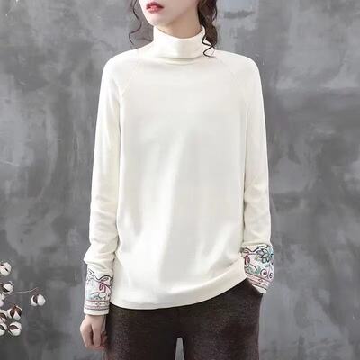 Retro embroidered double-sided German velvet warm inner layer base shirt, women's high-neck self-heating slimming T-shirt top for winter