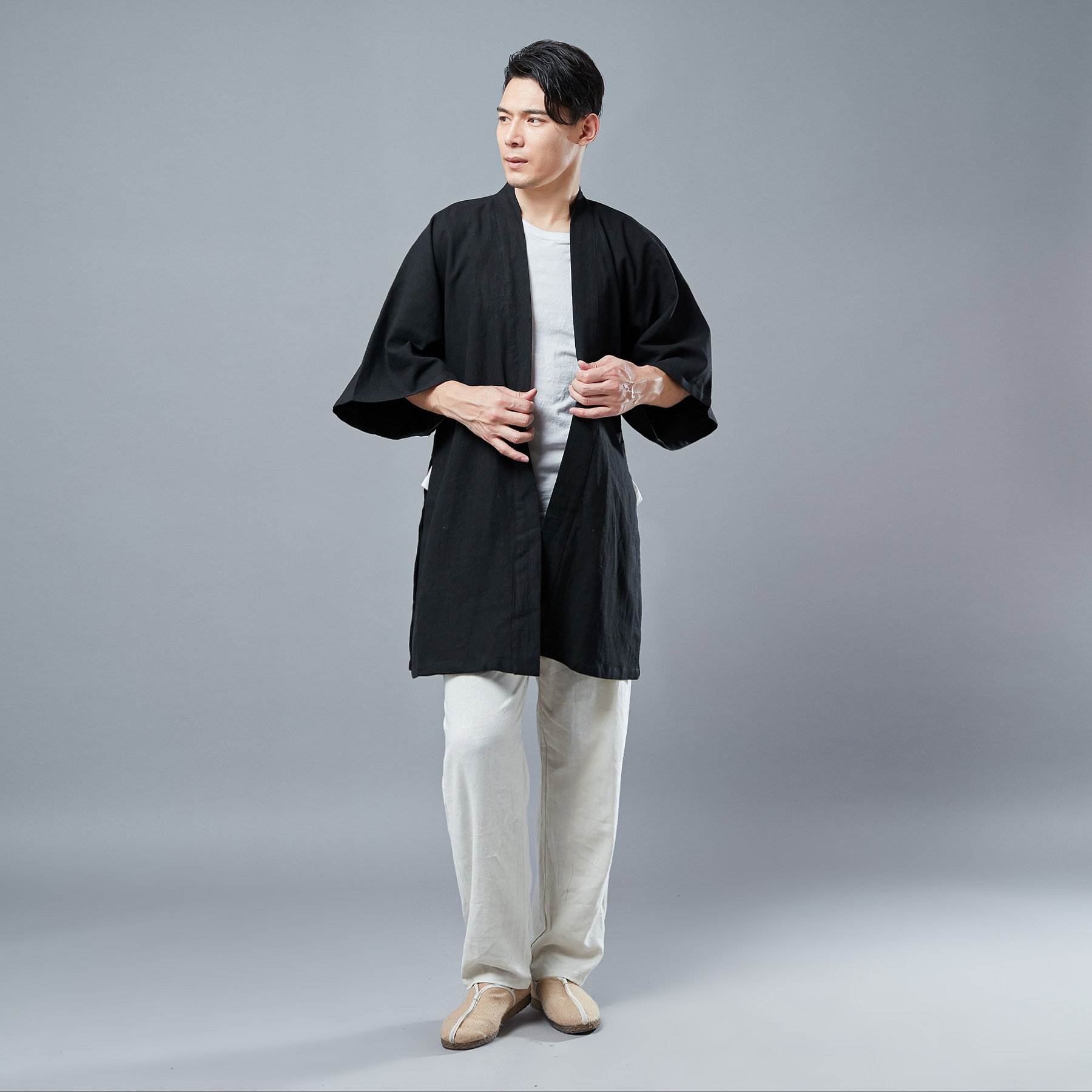 Tay áo mới Hanfu nam áo khoác mỏng phong cách Trung Quốc trang phục mở tay với áo khoác vai trang phục dịch vụ trà ảnh quần vải nam