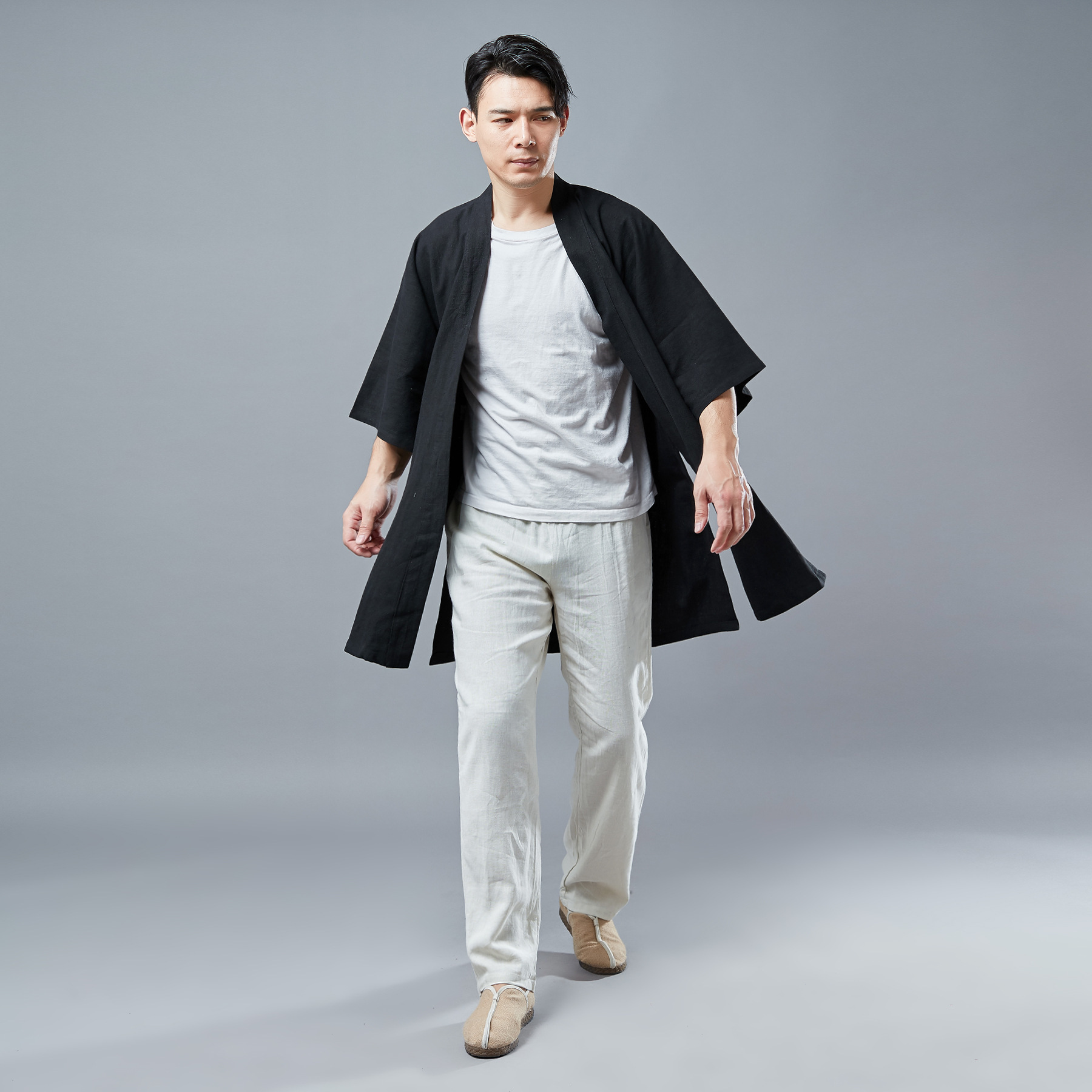 Tay áo mới Hanfu nam áo khoác mỏng phong cách Trung Quốc trang phục mở tay với áo khoác vai trang phục dịch vụ trà ảnh quần vải nam