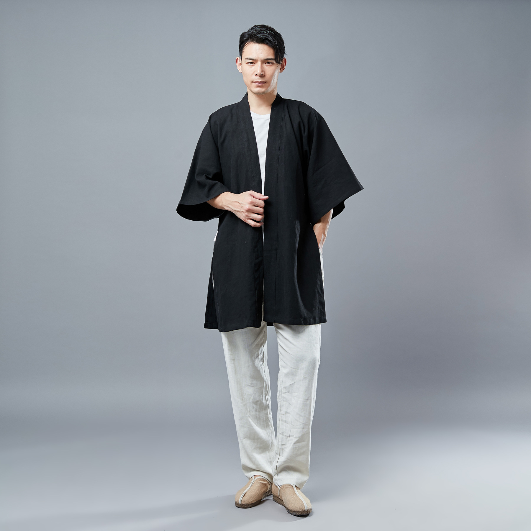 Tay áo mới Hanfu nam áo khoác mỏng phong cách Trung Quốc trang phục mở tay với áo khoác vai trang phục dịch vụ trà ảnh quần vải nam