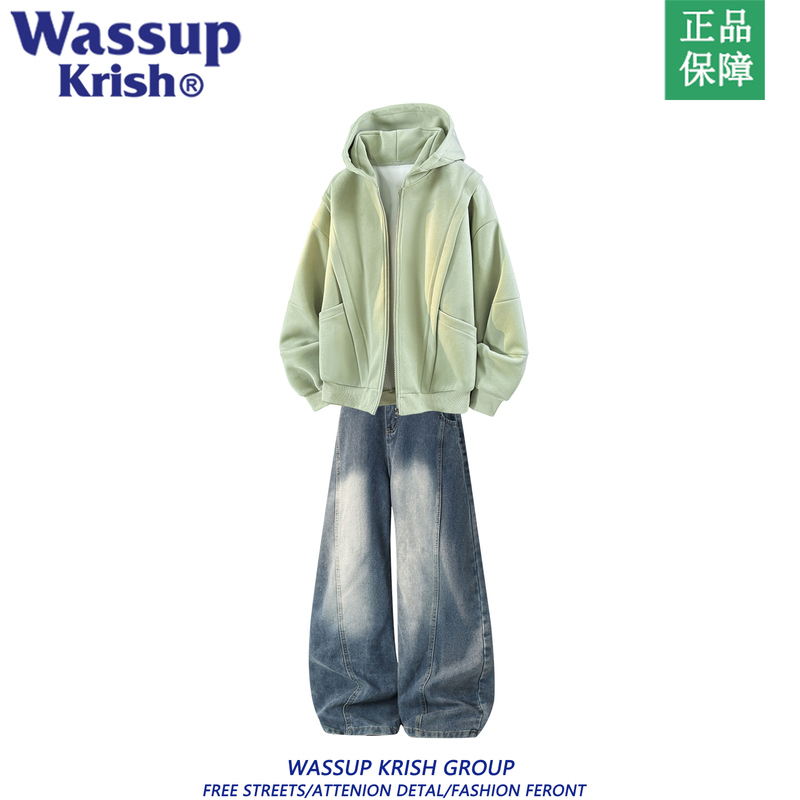 Wassup Krish Suit Men's New Autumn Style Hooded Cardigan Sweatshirt Jeans Youth Casual Two-Piece Set