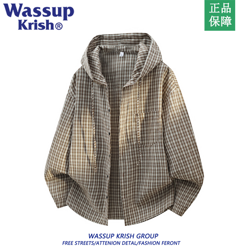 Wassup Krish Plaid Hooded Sun Protection Long-Sleeved Shirt Men's Summer Retro Trendy Brand Loose Casual Shirt