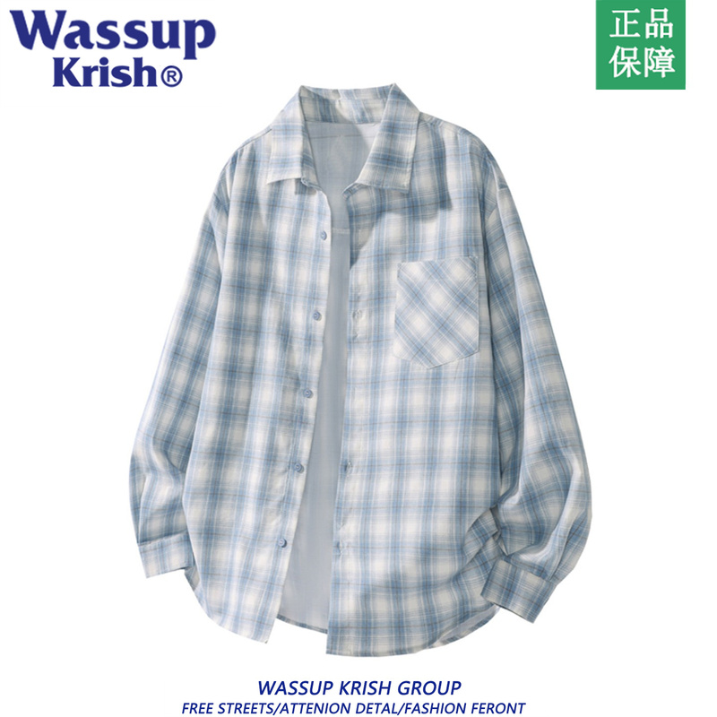 Wassup Krish Blue Plaid Sun Protection Long-Sleeved Shirt Men's Summer Ice Silk Breathable Loose Casual Shirt