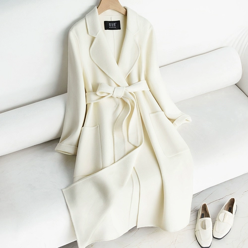 Белое двусторонное кашемировое длинное зимнее шерстяное шерстяное пальто, средней длины, изысканный стиль, облегающий крой