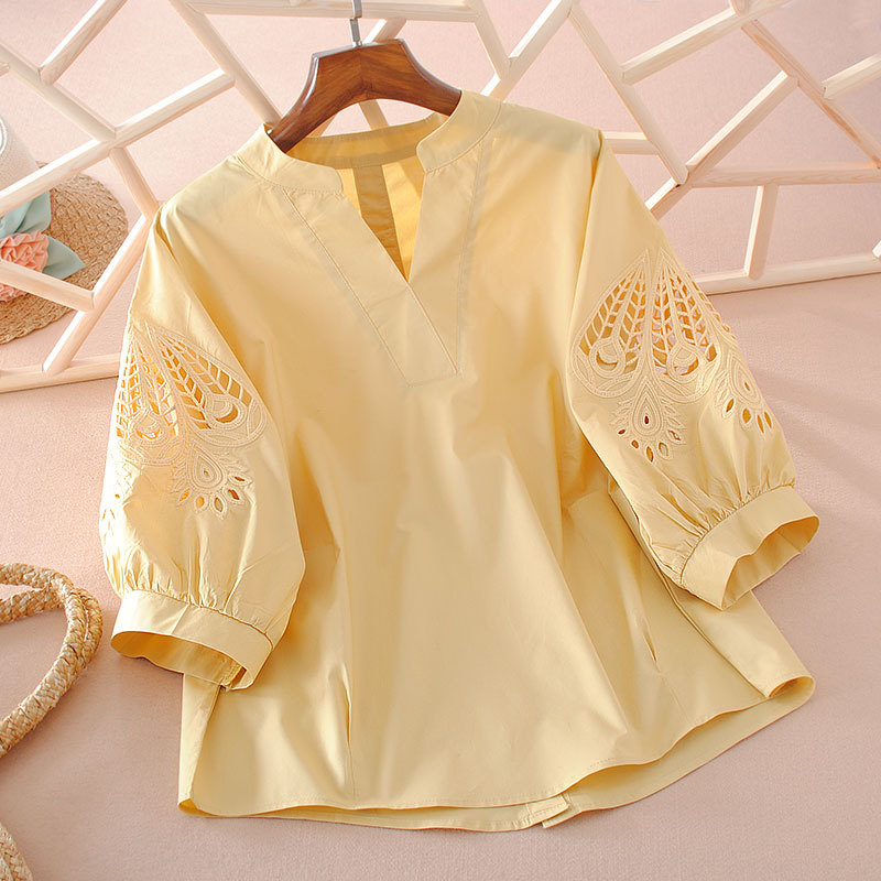 Women's Summer Shirt with Lantern Sleeves, Hollow Embroidery, Short V-Neck, Original Design, Elegant Ladylike Pure Cotton Top, Trendy Women's Summer Shirt with Lantern Sleeves, Hollow Embroidery, Short V-Neck, Original Design, Elegant Ladylike Pure Cotton Top, Trendy