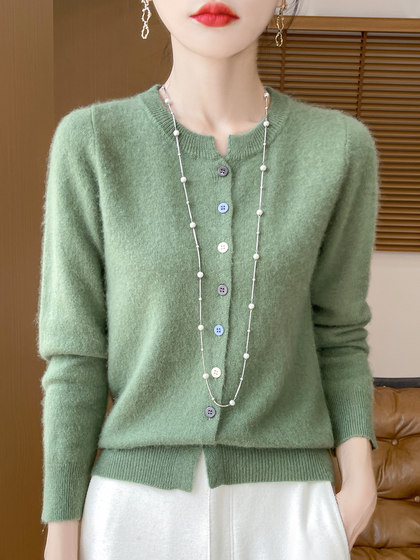 24秋冬新款100%纯羊毛开衫女圆领长袖针织毛衣宽松羊绒衫外套上衣