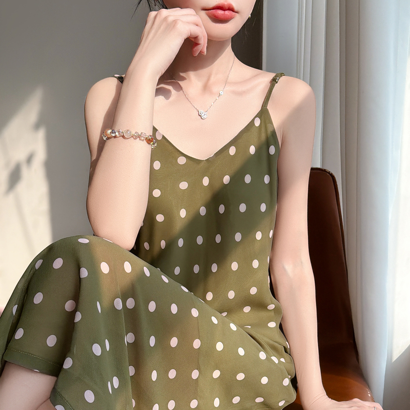 Summer Chiffon Spaghetti Strap Dress for Women, V-Neck Polka Dot Color-Blocking Mid-Length Over-The-Knee Dress, Elegant A-Line Dress