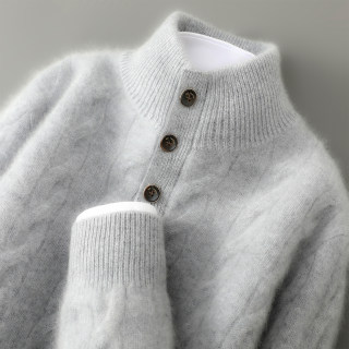 25秋冬加厚半高领100%纯羊毛衫男麻花纽扣针织毛衣宽松羊绒衫打底