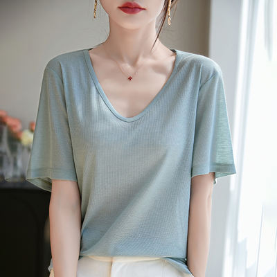 Summer new V-neck Lyocell Tencel knitted short-sleeved women's solid color versatile half-sleeved top, loose T-shirt base layer