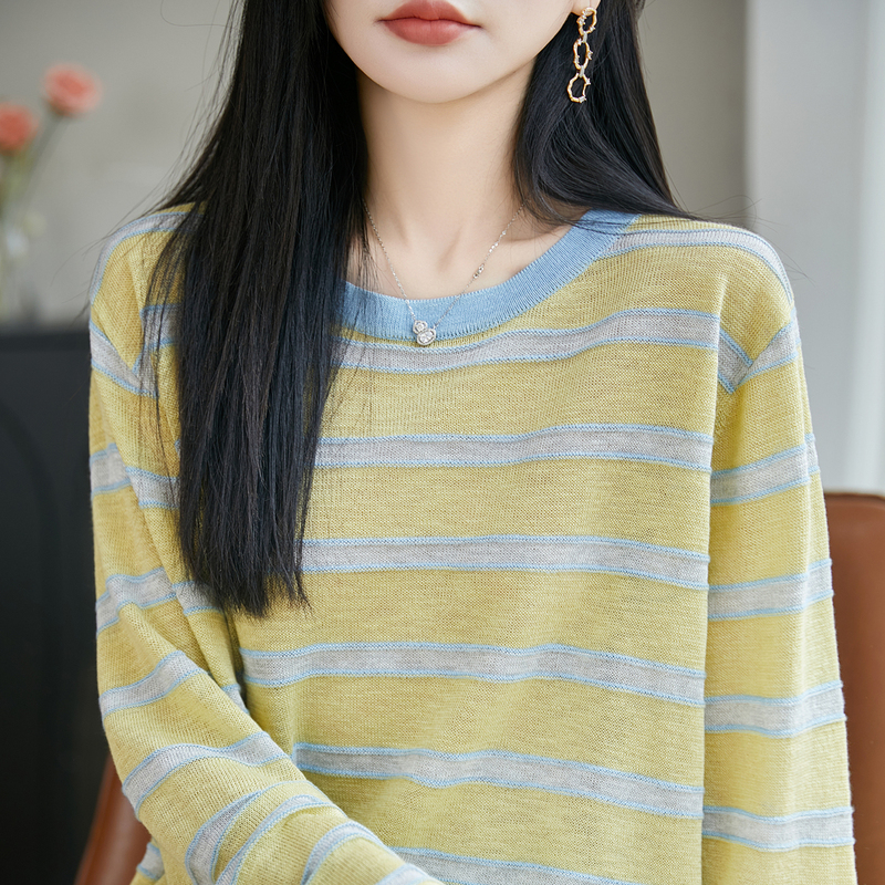 Color-Block Striped Crew Neck Bamboo Knit Sweater for Women, Spring and Autumn Long-Sleeve Versatile Loose-Fitting Lazy Style Base Top