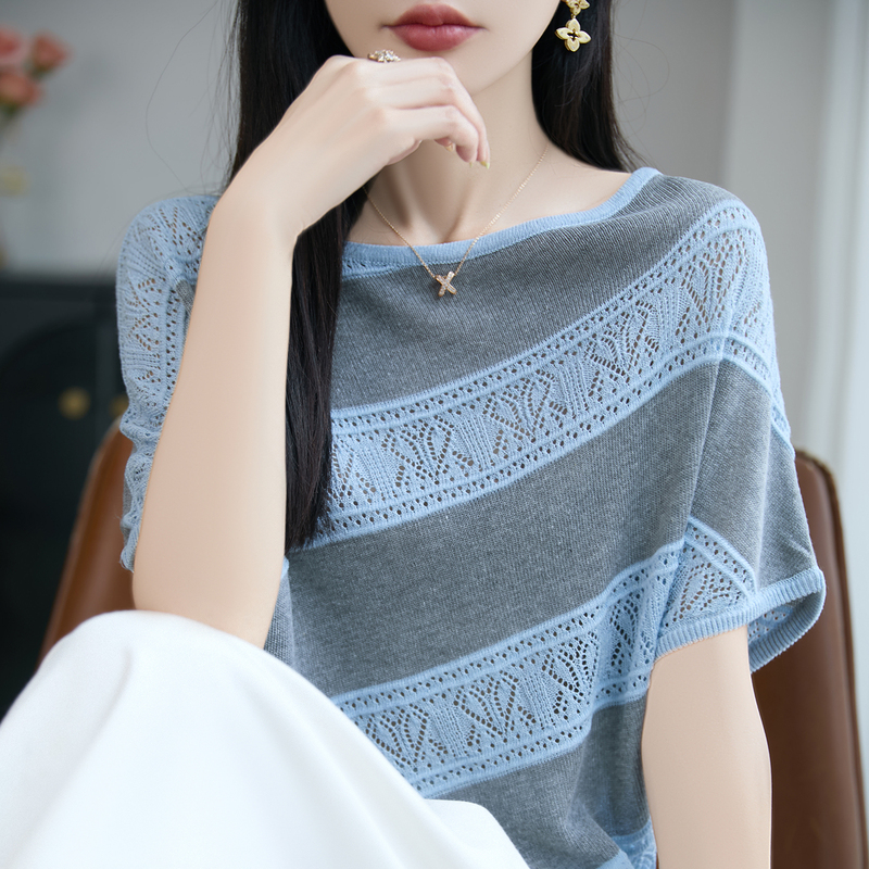 Casual Style Hollow-Out Striped T-Shirt for Women, Off-Shoulder Color-Block Short-Sleeve Loose Slimming Knit Tank Top Half-Sleeve Top