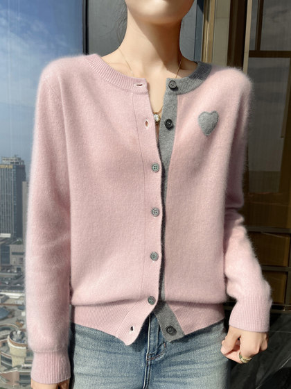 高级感山羊绒开衫女圆领甜美爱心拼色外套宽松羊毛衫上衣慵懒外搭