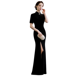 Catwalk gold velvet cheongsam 2021 new stage black performance costume retro three-quarter sleeve slim dance long cheongsam
