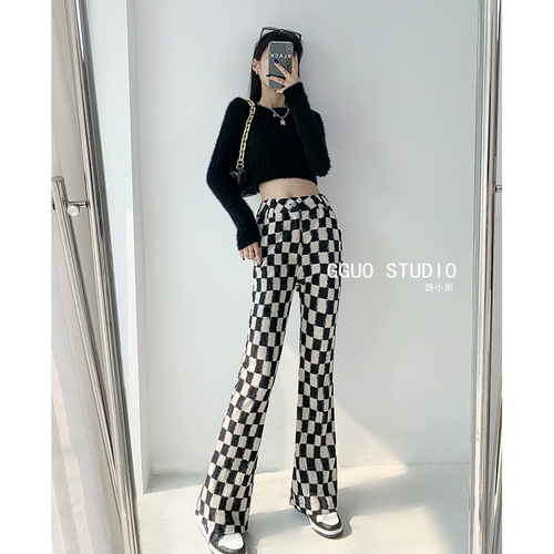 Ретро шахматы, осенние приталенные штаны, штаны-клёш, в американском стиле, свободный прямой крой