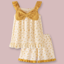 Soft milk yellow Japanese ins floral bow sling shorts two-piece cotton gauze pajamas women Summer