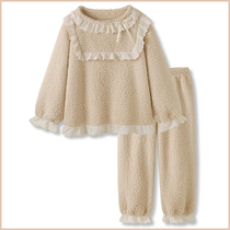 Oolong milk bubble] Japanese retro sweet coral velvet pajamas womens autumn and winter thickened plus velvet home suit