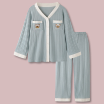 Cheese milk blue Japanese mobile cute bear cotton pajamas spring and autumn women 2021 New Home clothing set