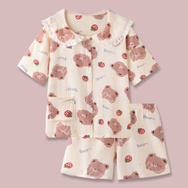 Strawberry bear Japanese ins Wind cute cotton gauze pajamas womens summer 2021 new short-sleeved home wear