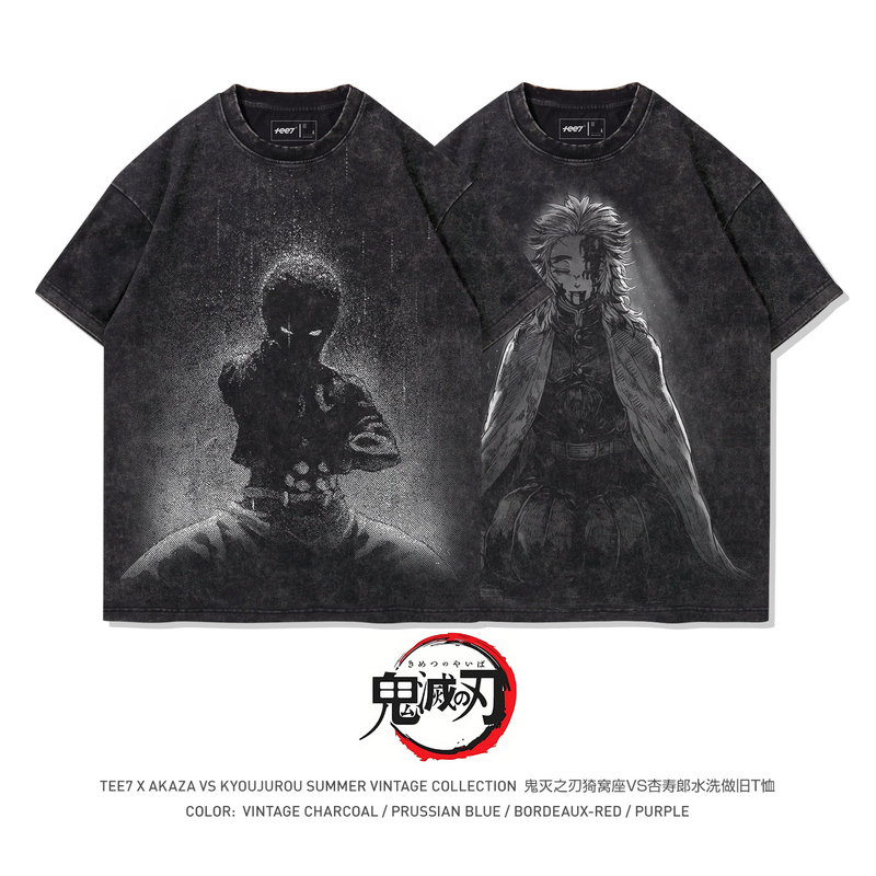 Tee7- Demon Slayer: Kimetsu No Yaiba, Kyojuro Rengoku's Ultimate Battle at Inosuke's Lair, Washed and Distressed Pure Cotton Loose-Fitting Popular Short-Sleeve T-Shirt