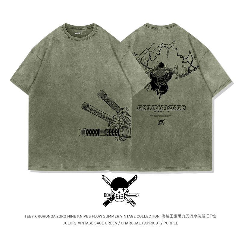 Tee7 Japanese Manga One Piece Zoro Unsheathing His Sword Creative Short-Sleeve T-Shirt Washed Vintage Pure Cotton High Street ins Trendy Classic