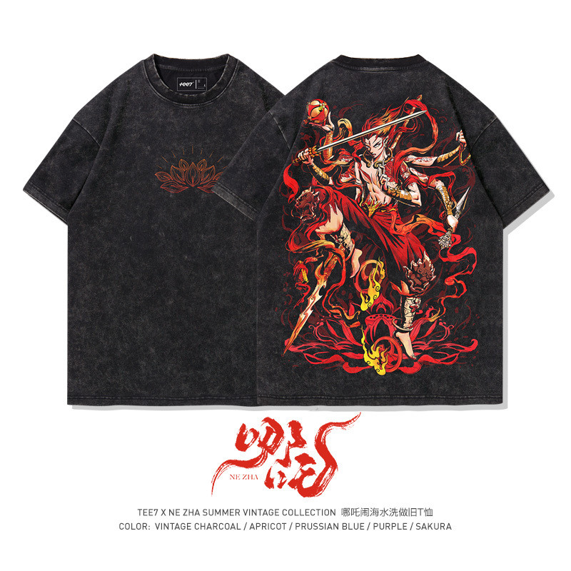 Tee7 - National Trend Popular Product Nezha Short-Sleeve T-Shirt, Vintage Dunhuang Style, Washed and Distressed, Heavy Pure Cotton, Loose Fit, Spring and Summer
