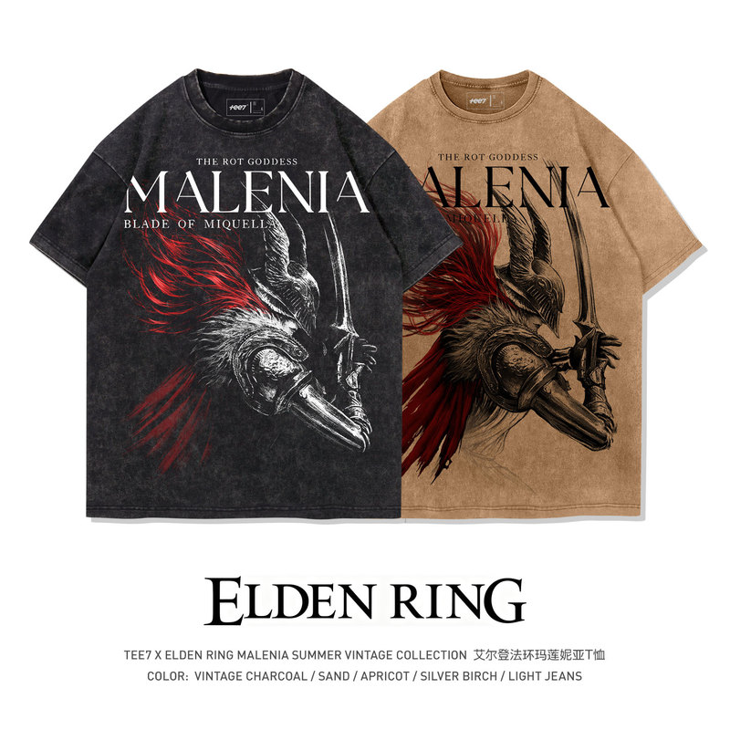 Tee7 - Elden Ring Valkyrie Malenia Washed Vintage American Retro Heavyweight Pure Cotton Short-Sleeve T-Shirt