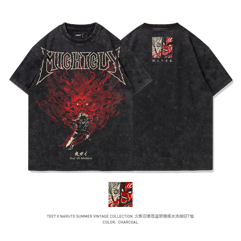 Tee7-Naruto Yekai Retro Print T-Shirt Japanese Anime Washed Vintage Men's Loose Fit Pure Cotton Short Sleeve