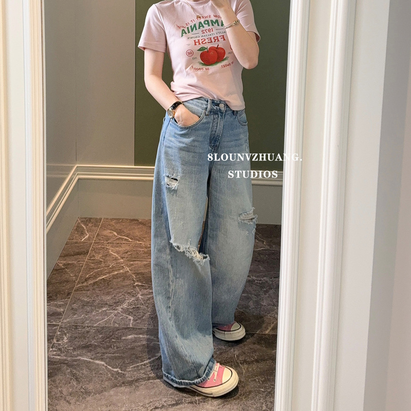 Thin Style Super Popular Ripped Jeans, Curved Cut Jeans, Floral Boxy Jeans for Women, New Summer Model 503300-1, Light Blue Wide-Leg Thin Style Super Popular Ripped Jeans, Curved Cut Jeans, Floral Boxy Jeans for Women, New Summer Model 503300-1, Light Blue Wide-Leg