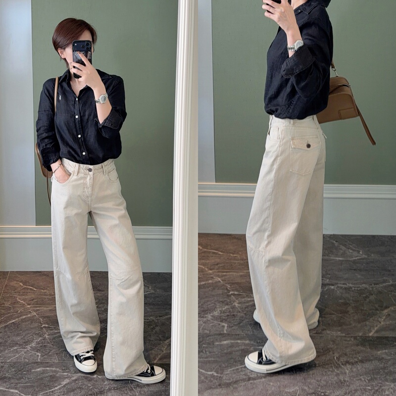 Super Stylish Apricot-Colored Straight-Leg Pants, Casual Old Money Style Floral Jeans, New Autumn 2026 Model 21185-8